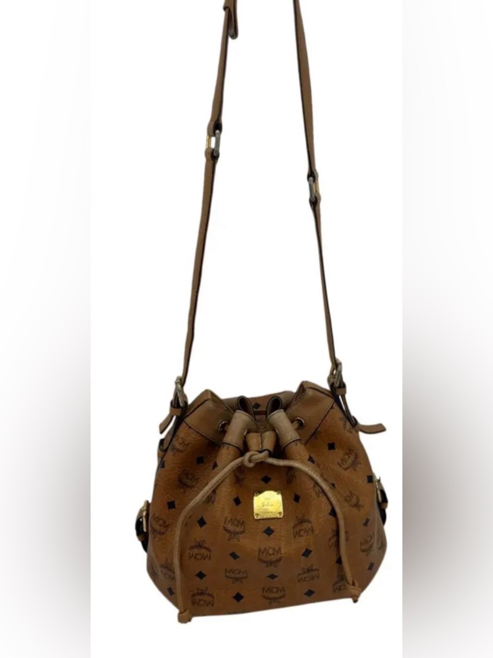 MCM Brown Visetos Drawstring Crossbody Bucket Bag